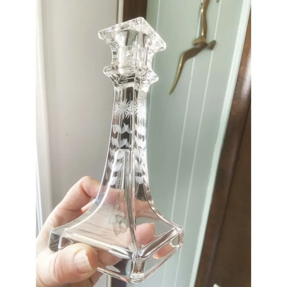 Pair Vintage Etched Glass Tapered Candle Stick Holders Etched Flower on 4 sides
